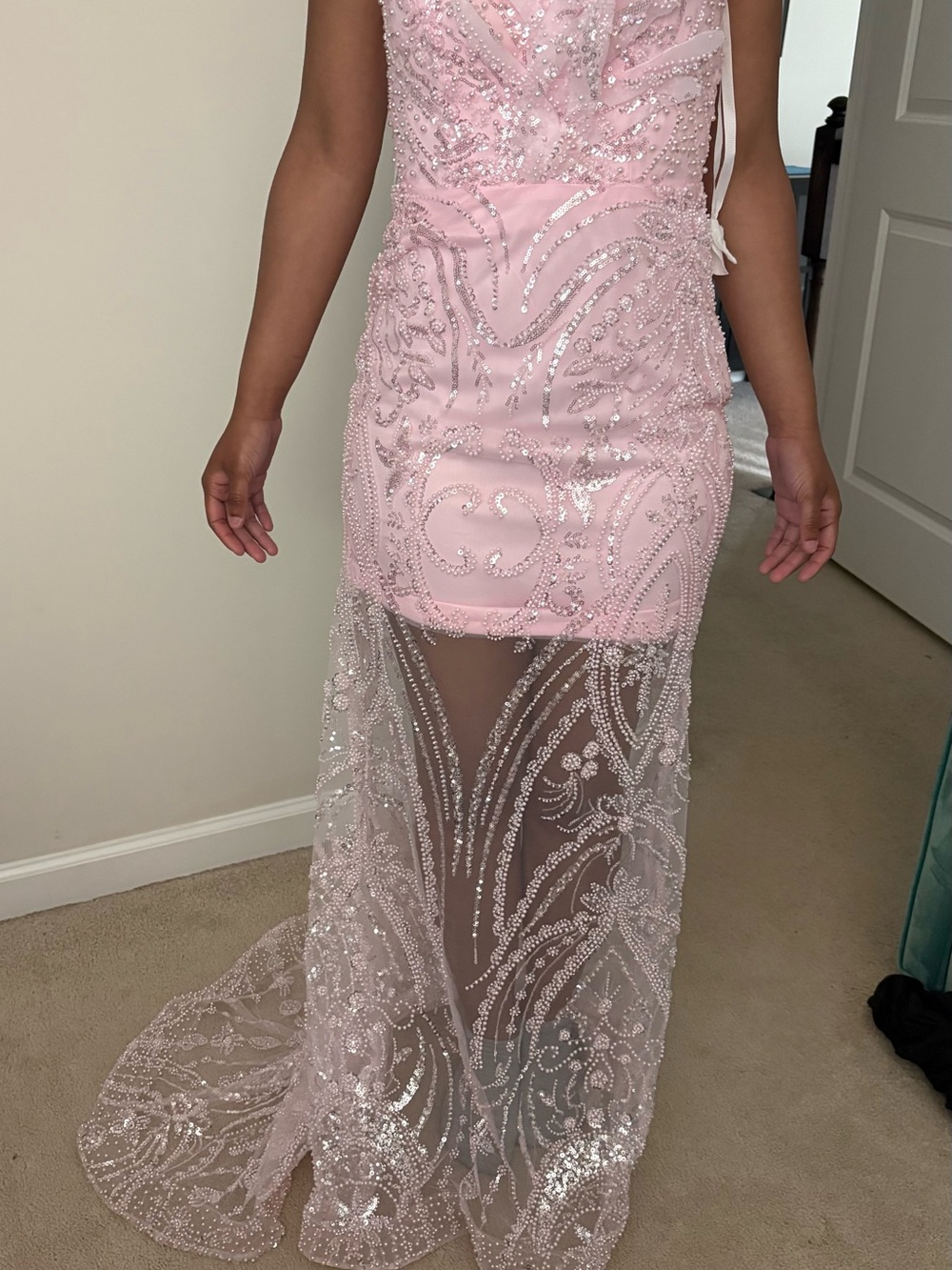 Beaded High-Low Evening Dress in Soft Pink